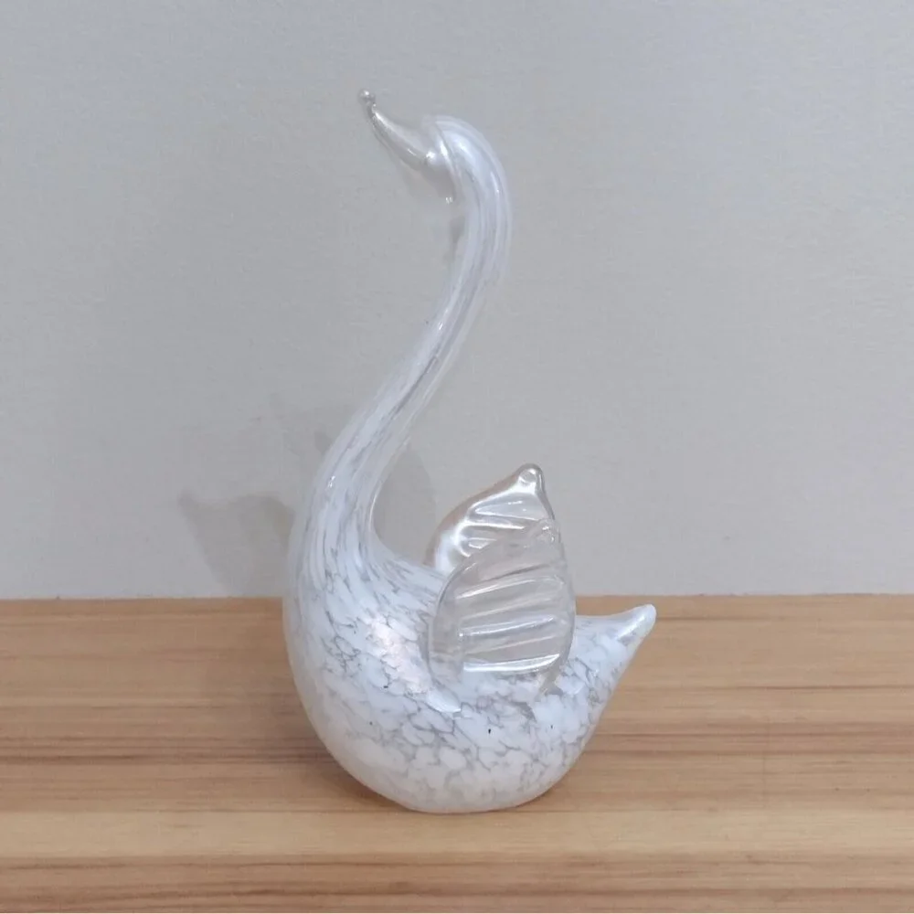 Vintage White Iridescent Lustre Spotted Swan Solid Glass Figurine Paperweight
